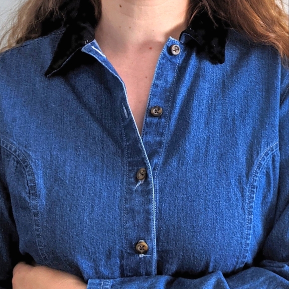 Dark Denim Babydoll Dress w Black Velvet Collar - Picture 2 of 5